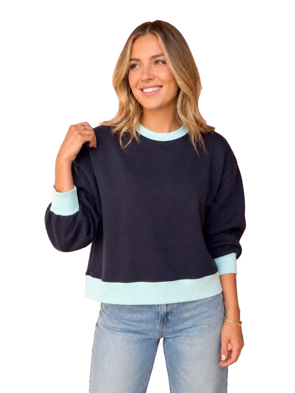 SSYS The Label Sloan Bubble Sleeve Colorblock Pullover Navy Baby Blue Small